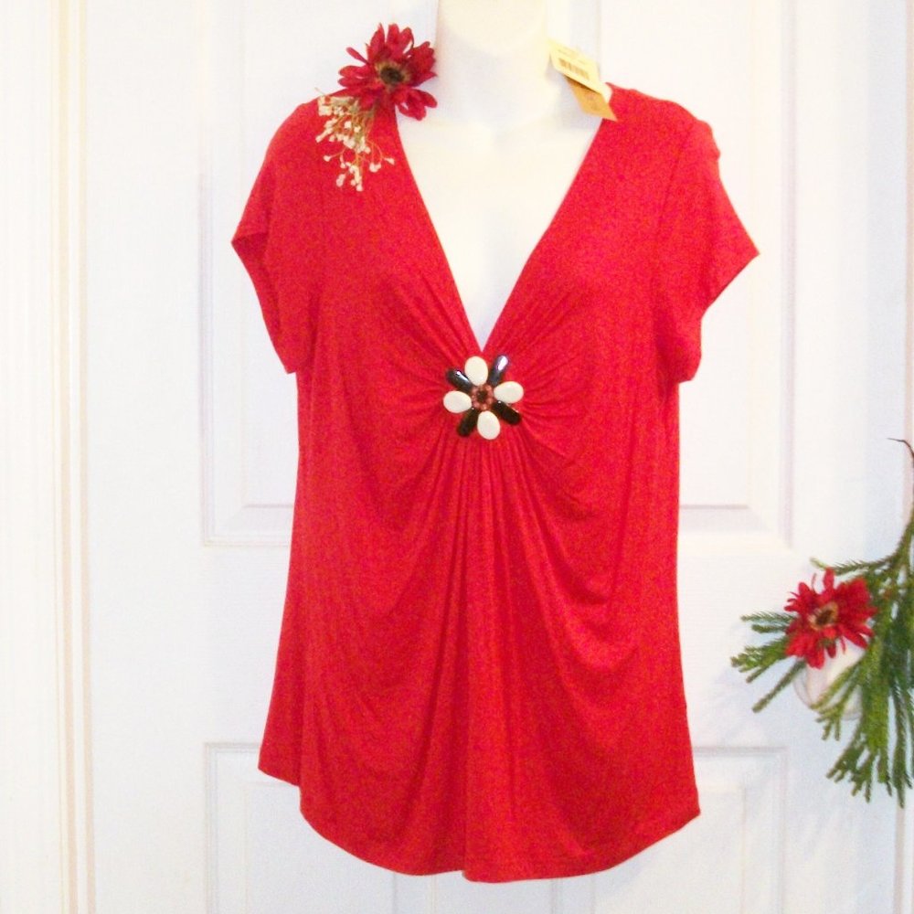 NOTATIONS Sz L Fire Red Jersey Knit Top w/Beaded Center NWT